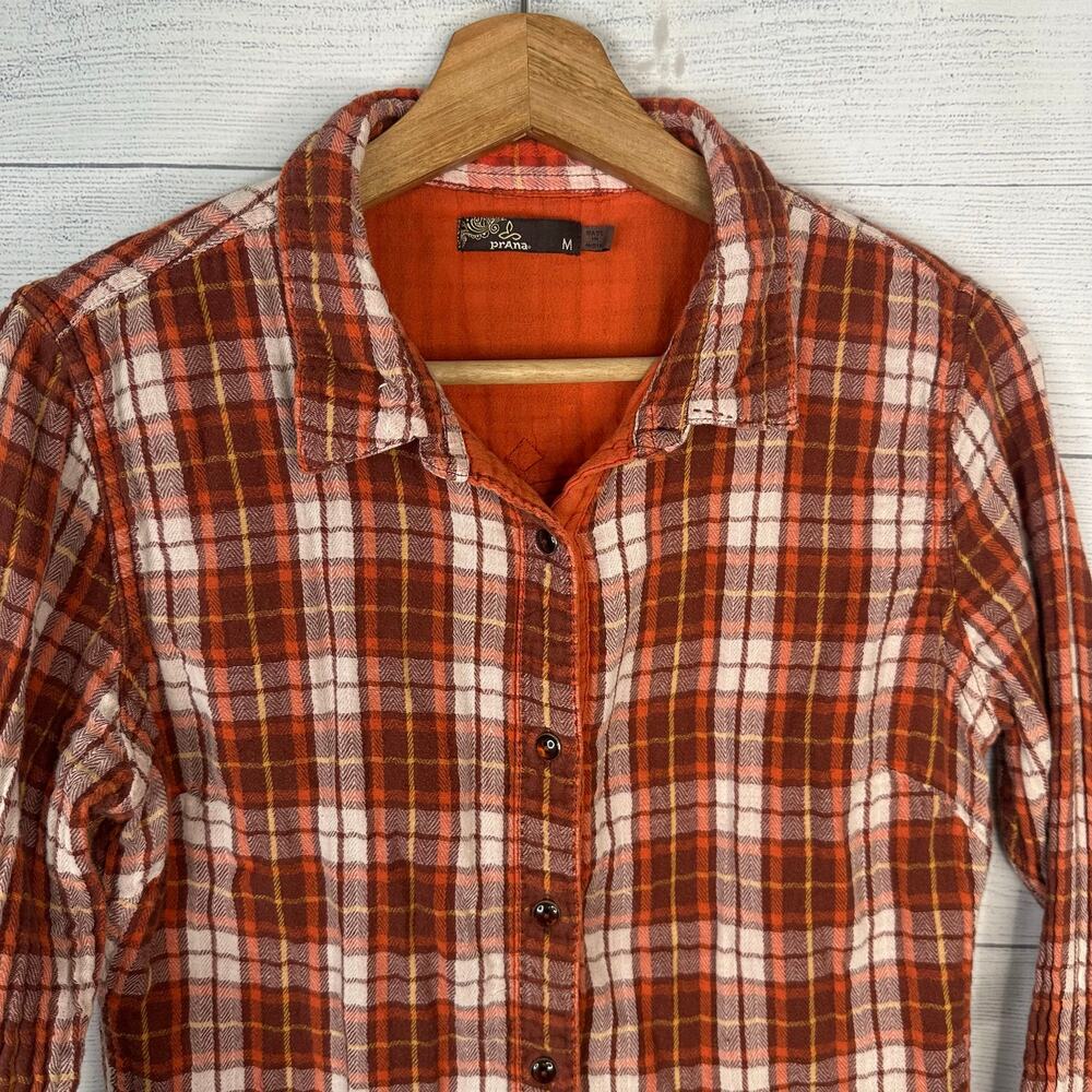 prAna Women size M Orange Brown Plaid Flannel Shirt Outdoor Hiking Cabincore - Picture 3 of 8